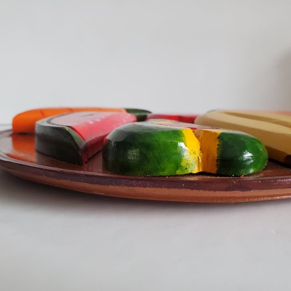 MCM Hand Carved Wood Wall Plaque Fruit & Veggies Plate Haitian Art Colourful - Picture 7 of 9